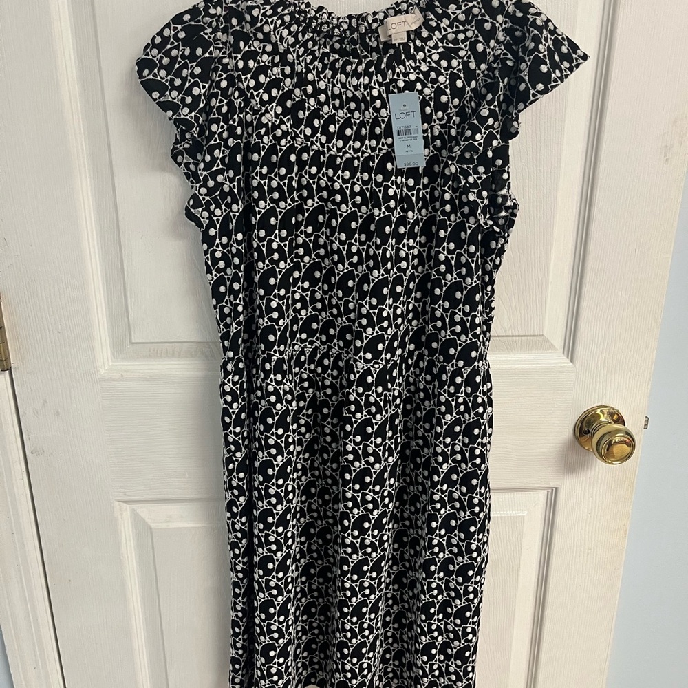 LOFT Black and White  Midi Dress with Flutter Cap Sleeves NWT